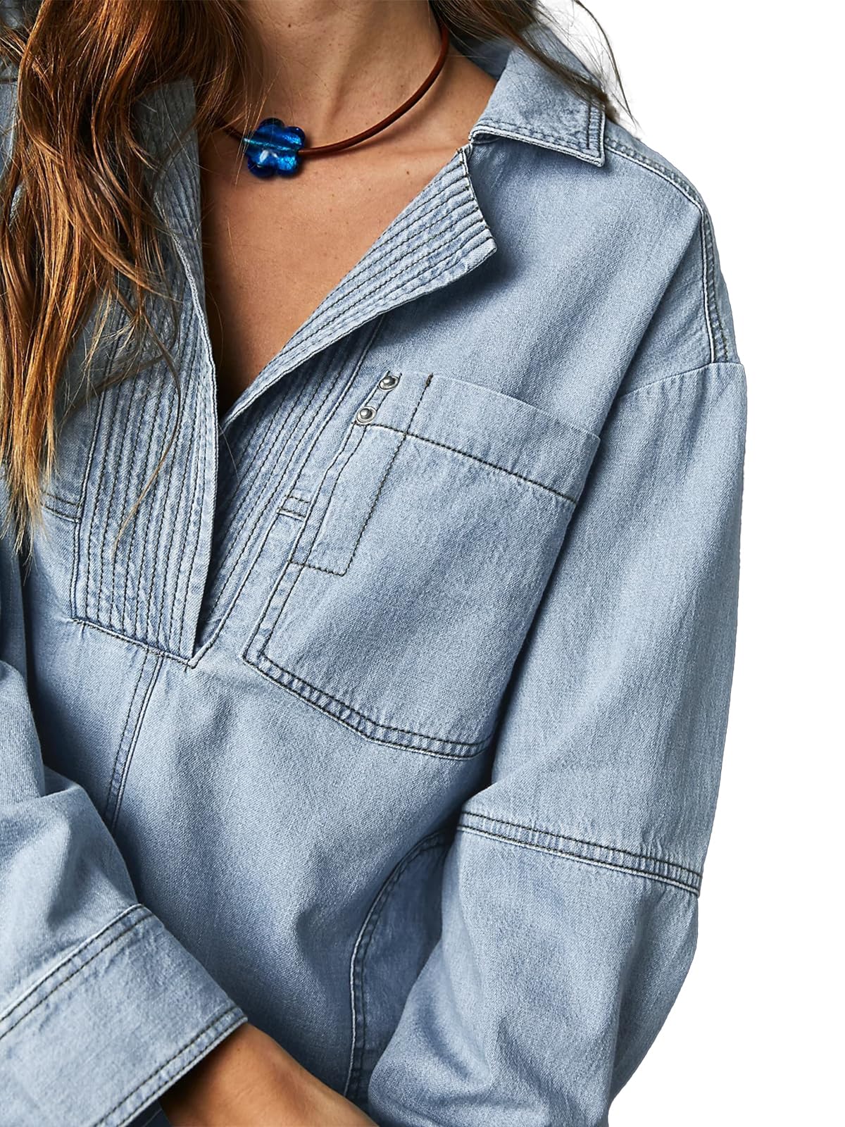Women's Denim V-Neck Pullover Shirt - tree - Codlins
