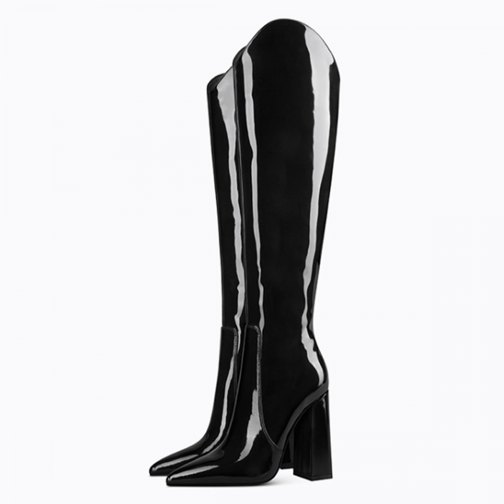 Black Patent Leather Pointed Toe Chunky Heel Fashion Knee High Boots Nicepairs