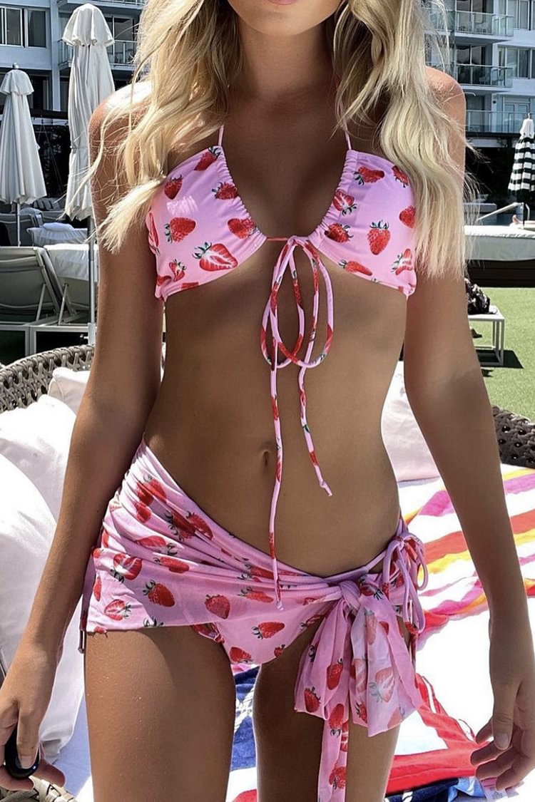 Tied Up Halter Bikini Mini Skirt Strawberry Print Three Pieces Set