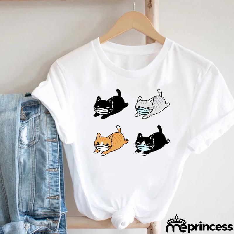 Women Loose Simple Cartoon Cat Footprint Print Round Neck Short Sleeve T-Shirt