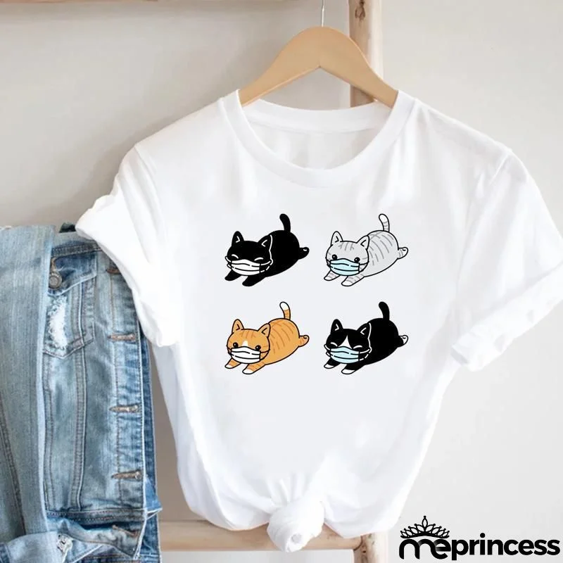 Women Loose Simple Cartoon Cat Footprint Print Round Neck Short Sleeve T-Shirt