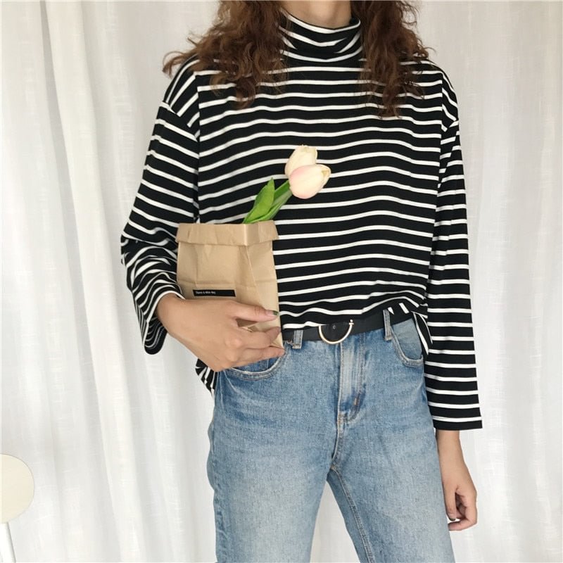 T-shirts Women Vintage Turtleneck Striped All-match Casual Daily Tshirt for Laides Korean Style Harajuku Slim Bodysuit Elegant