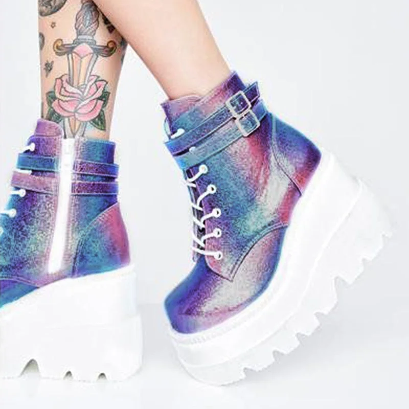 2020 New Women's Thick Bottom Muffin Boots Lace Up Flat Biker Combat Shoes Buckle Women Martin Boots