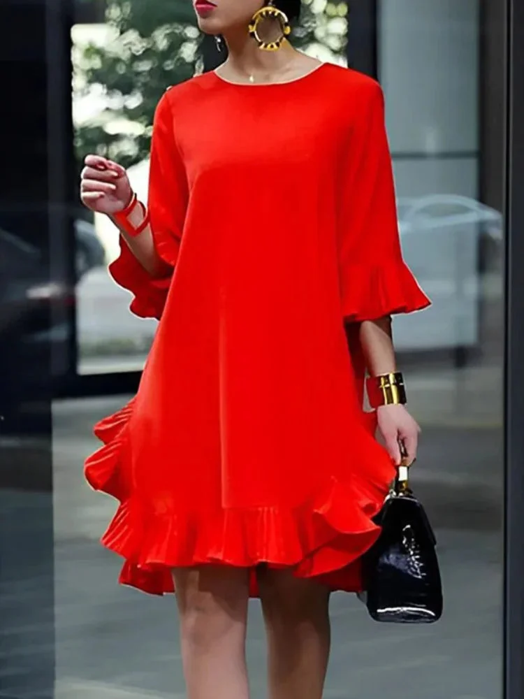 Tlbang Female Half Sleeves Solid Color Falbala Elegant Party Evening Dress 2023 Spring Summer Casual Red Midi Dresses For Women