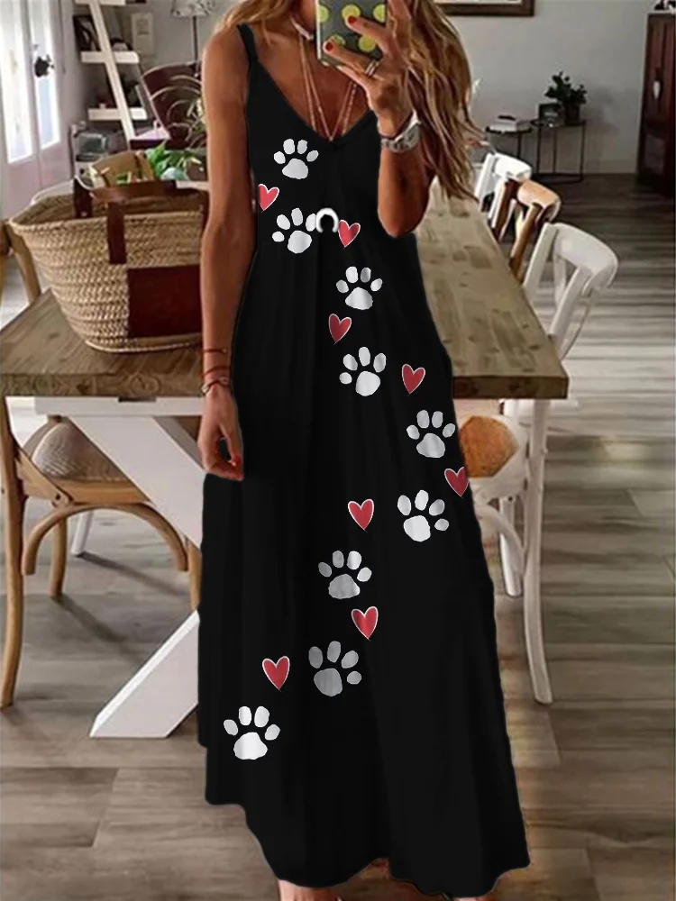 Lovely Paw Prints & Hearts V Neck Cami Maxi Dress