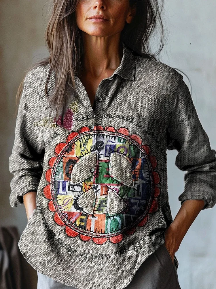 Women's Vintage Love and Peace Hippie Floral Art Print Casual Cotton And Linen Shirt