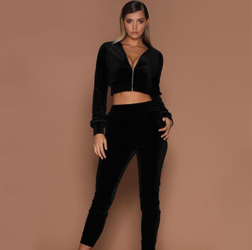 Veet Solid Hoodie Two-piece Zipper Navel Women's Leisure Sports Suit