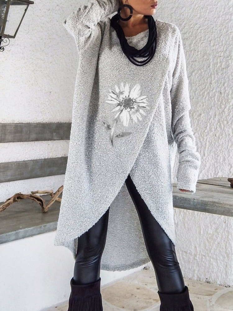 Wool/Knitting Crew Neck Casual Floral Sweater Dresses