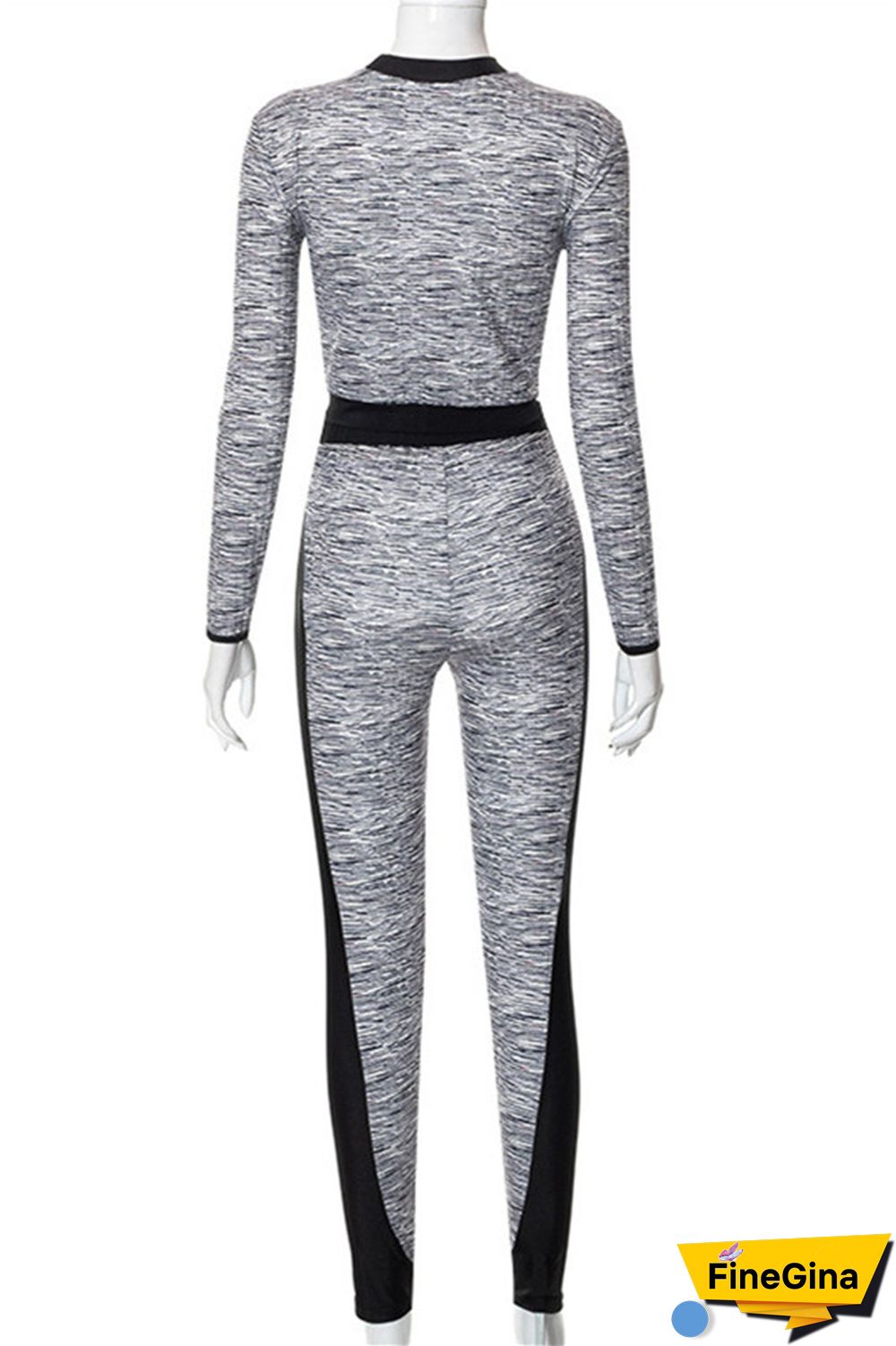 Grey Sexy Casual Patchwork Hollowed Out O Neck Long Sleeve Two Pieces