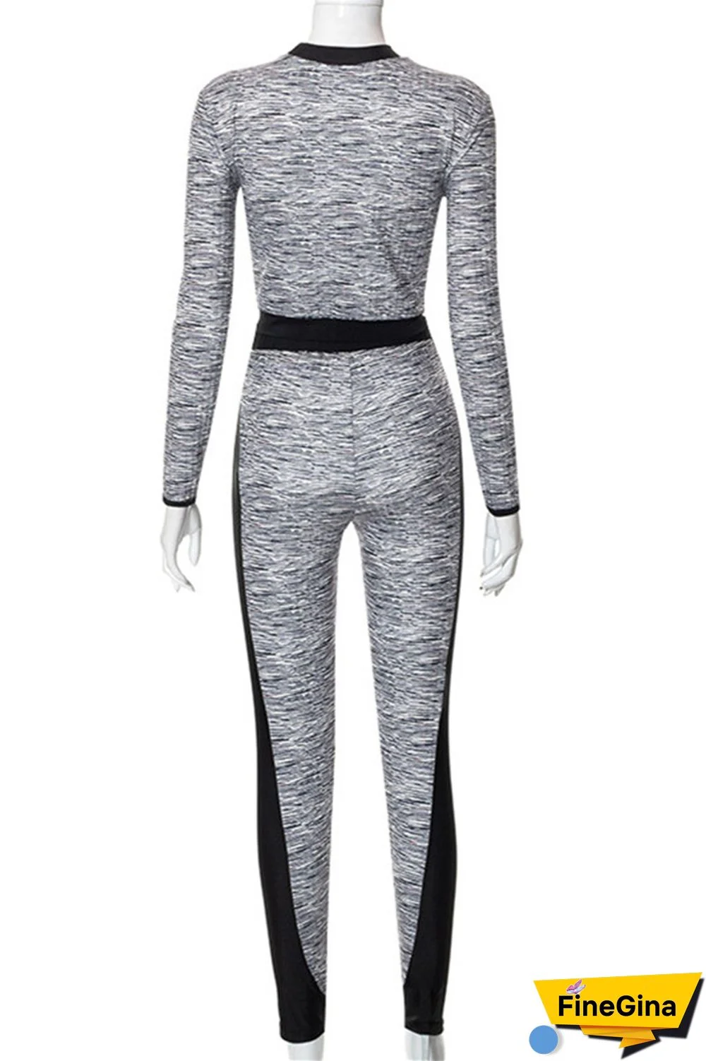 Grey Sexy Casual Patchwork Hollowed Out O Neck Long Sleeve Two Pieces