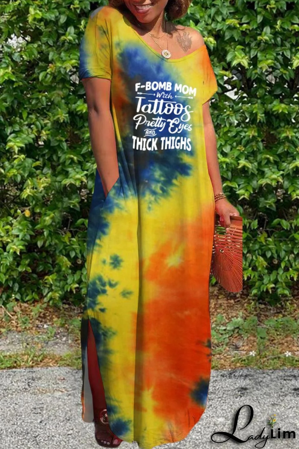 Pink Casual Letter Print Tie-dye V Neck Short Sleeve Dress Dresses