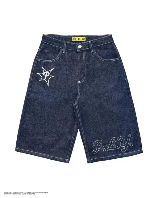 Nulclover fall outfits Hip Hop Retro Skull Embroidery JNCO Shorts Y2K Retro Denim Gym Baggy Jeans Shorts Black Pants High Waist Mens Basketball Short