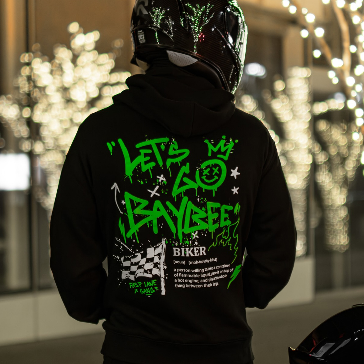 Let's Go Baybee Biker Hoodie With Graffiti Print And Racing Design