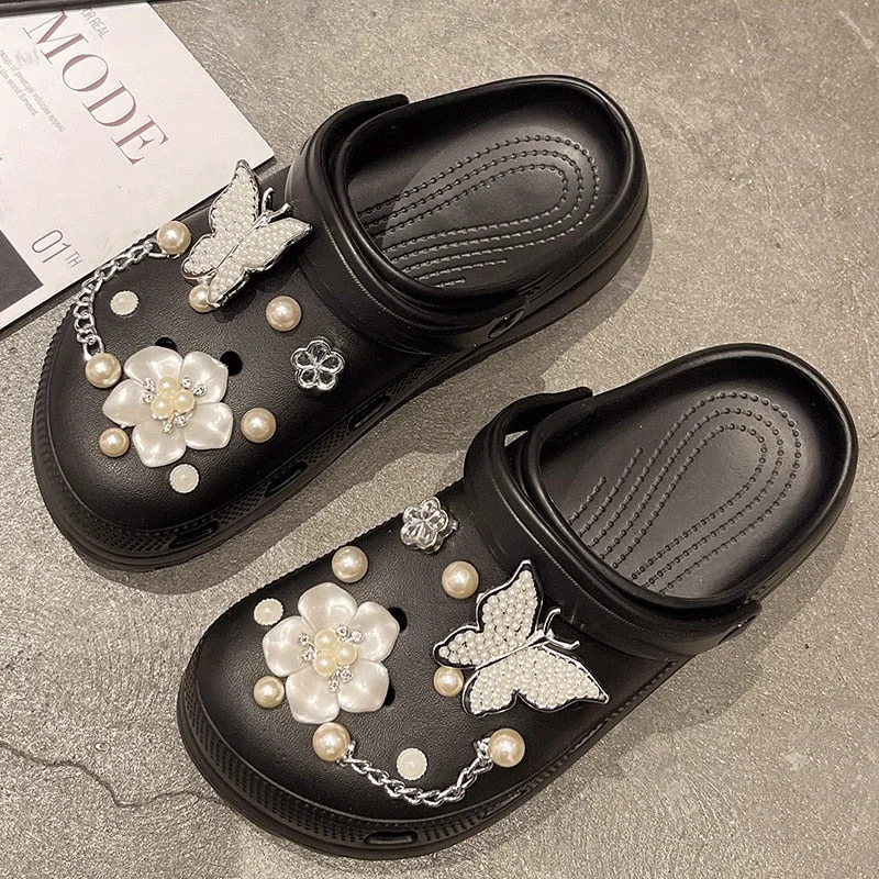 Summer Women Slippers Shoes With Charms Jewelry Garden Shoes Wedges Platform Sandals Antiskid Female Clogs Flip Flops For Woman