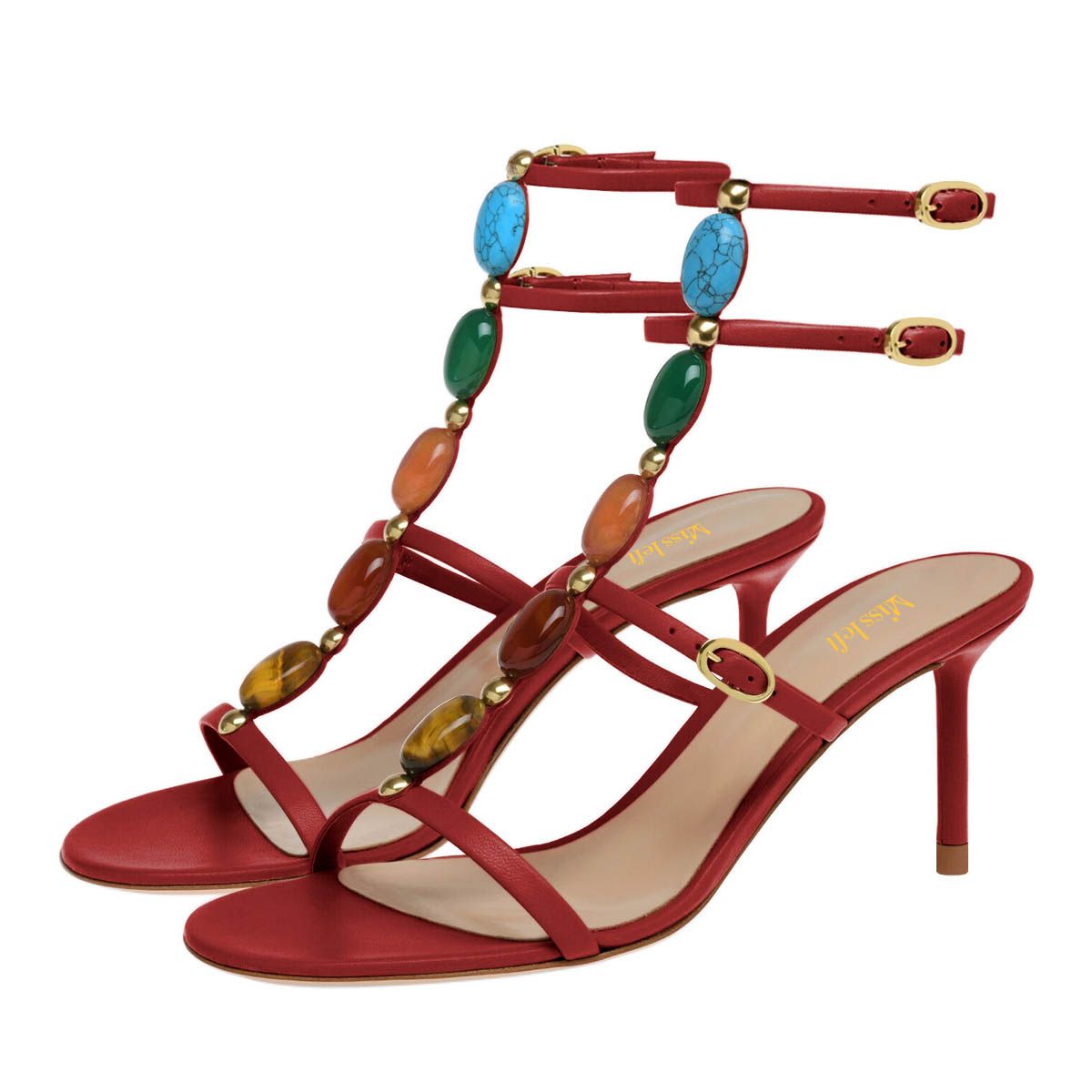 Red Jewelled T-Strap Open Toe Stiletto Heel Cute Sandals with Buckle Nicepairs