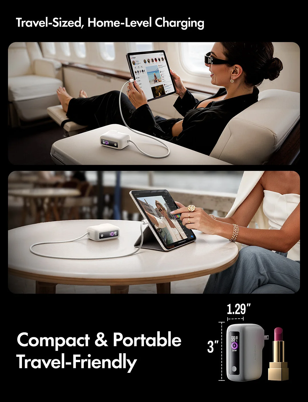 This 3-in-1 fast travel charger combines a 35W wall charger and a 27W power bank, and includes a built-in 3.3-foot USB-C cable and a foldable plug.