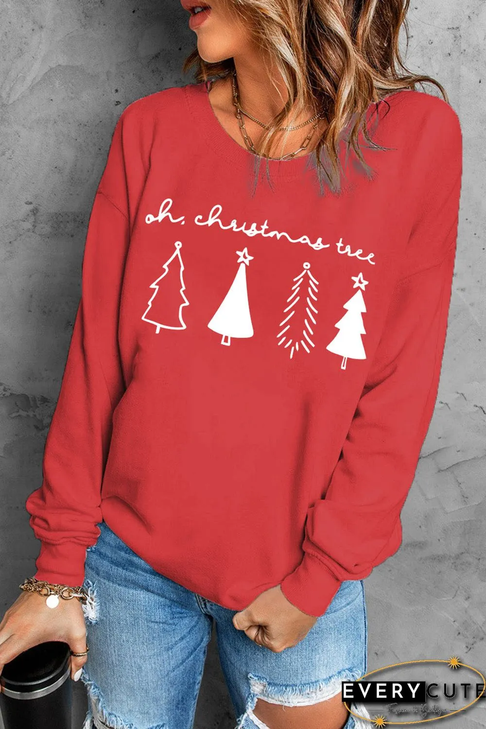 Red Christmas Tree Letter Graphic Print Long Sleeve Sweatshirt