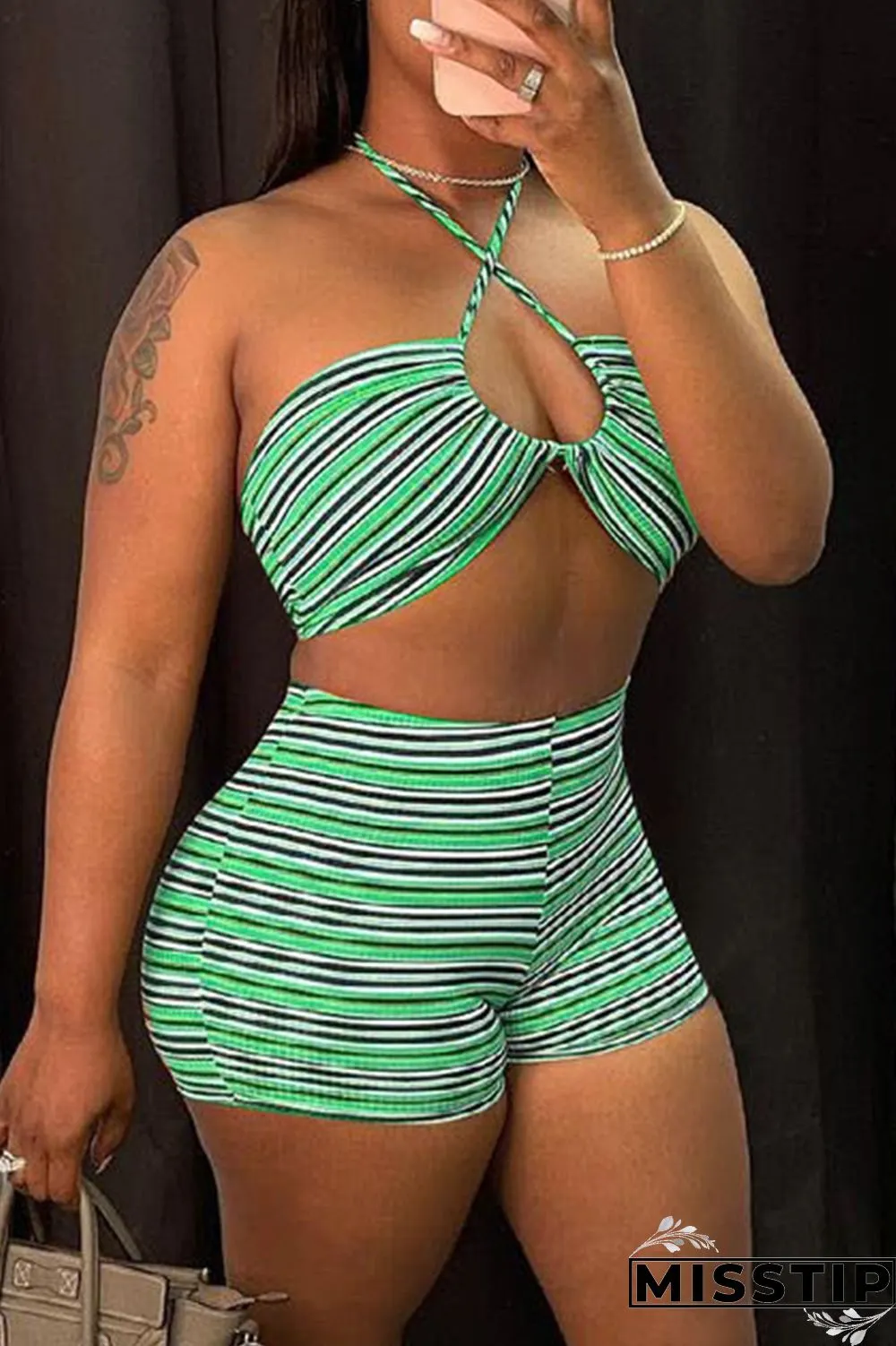 Pale Red Fashion Sexy Striped Print Hollowed Out Backless Halter Sleeveless Two Pieces