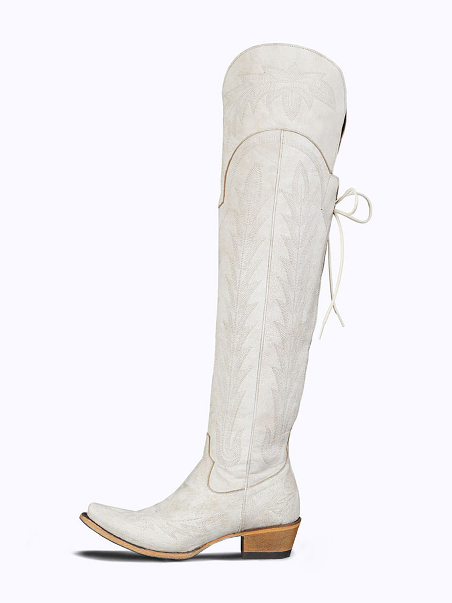 White Snip Toe Chunky Heel Over The Knee Cowgirl Boots for Women