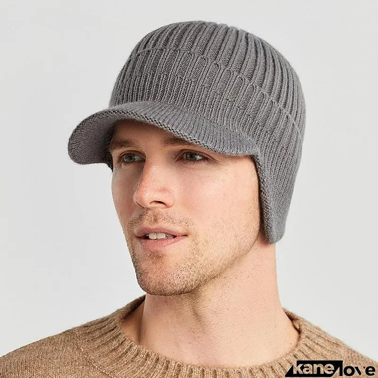 Men’s Warm Windproof Ribbed Knitted Brim Cap with Ear Flaps