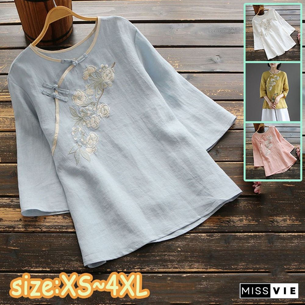 Women Spring Summer Retro Buckle Shirt Top Chinese National Style Embroidery Three Quarter Sleeve Floral Cheongsam Shirts