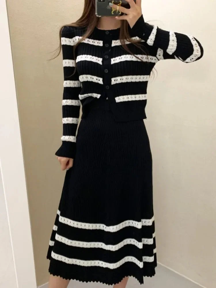 Huiketi Winter Fashion Casual Striped Knitted 2 Piece Set Women Knit Cardigan Sweater + Long Skirt Suits Ladies Two Piece Suits