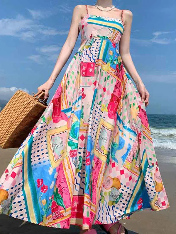 Elegant High-Waist Floral Print Suspender Casual Maxi Dresses