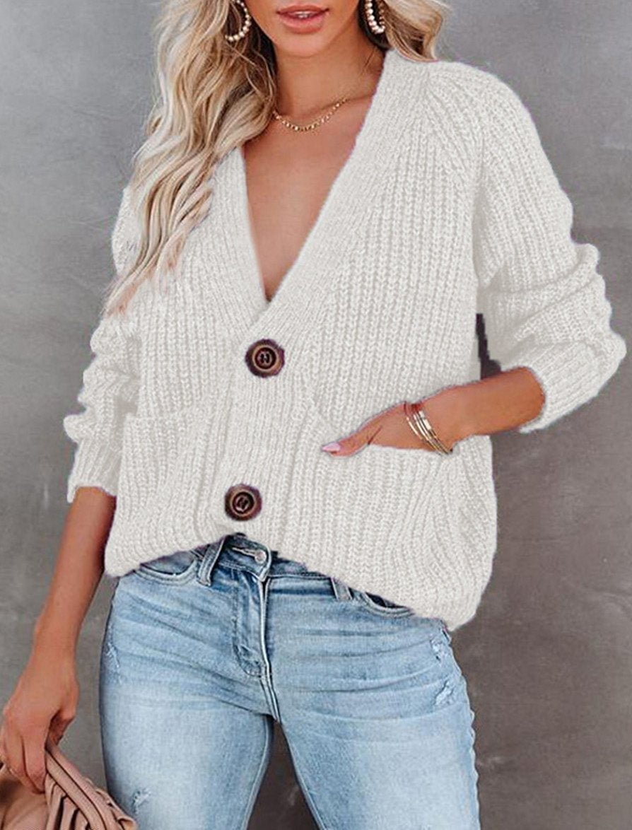 Solid Color V-Neck Single-Breasted Long-Sleeved Knitted Cardigan