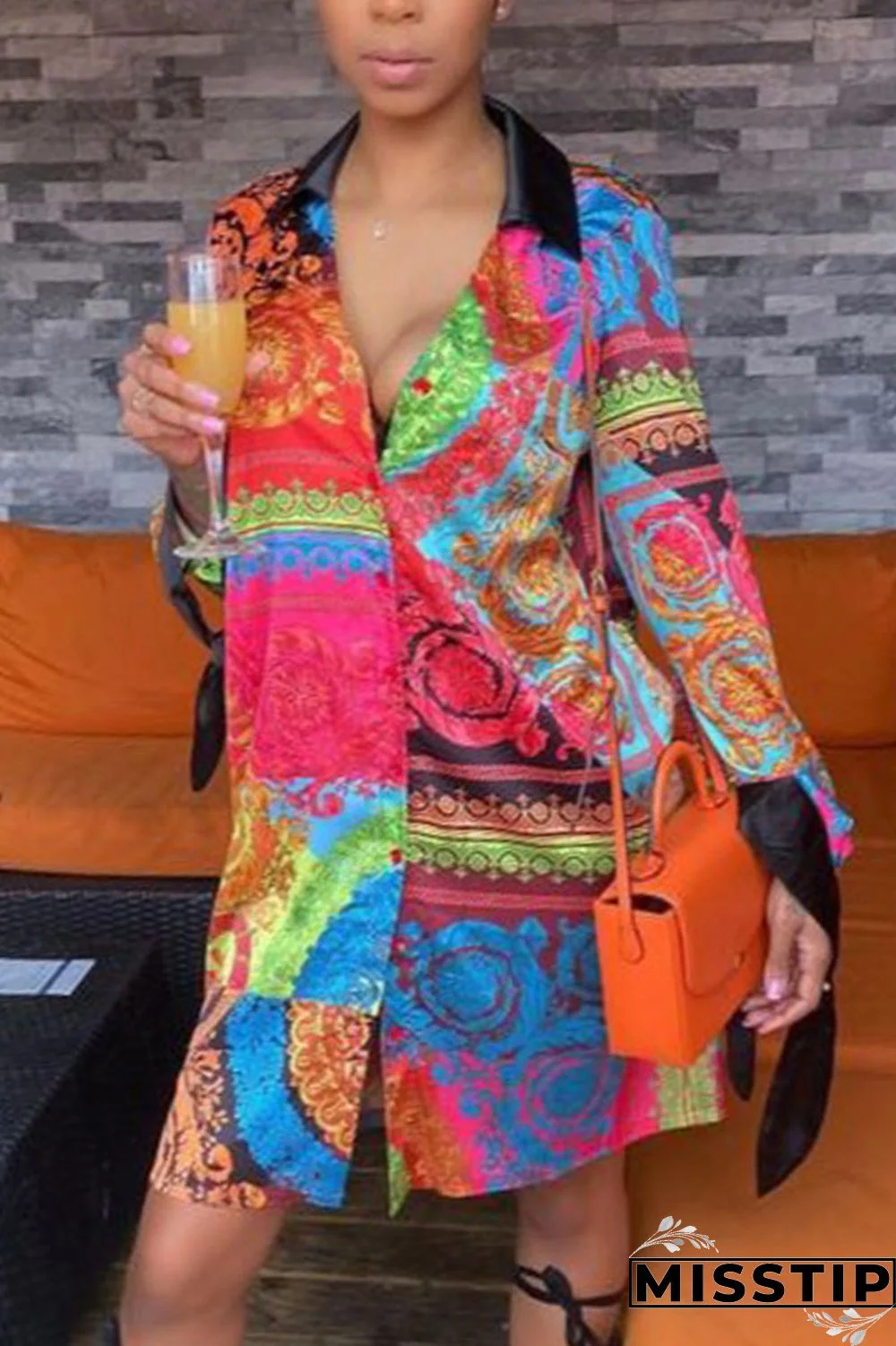 Red British Style Print Turndown Collar Long Sleeve Knee Length Dresses