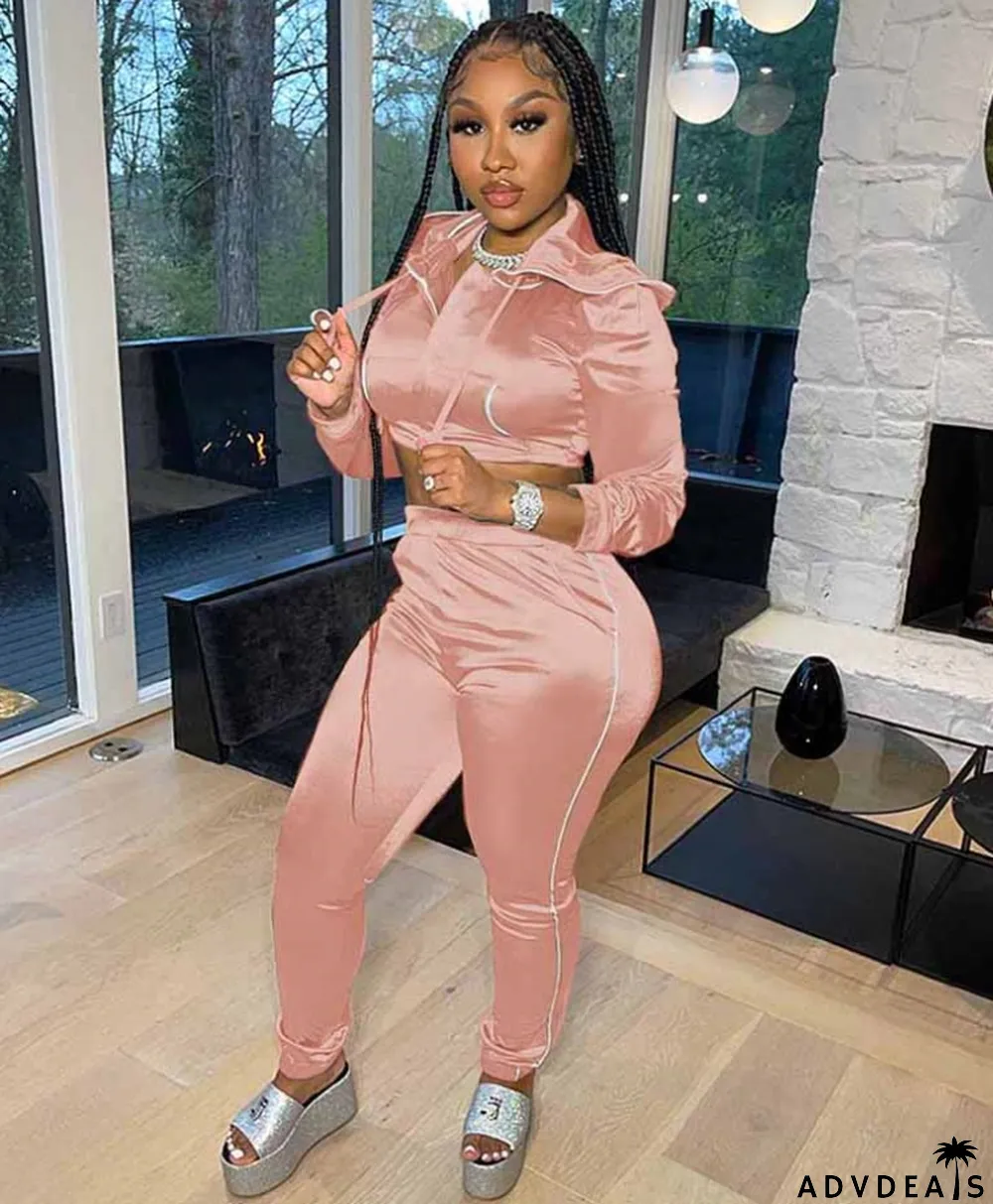 Fall Pink Hoodie Crop Top and Pants Tracksuit
