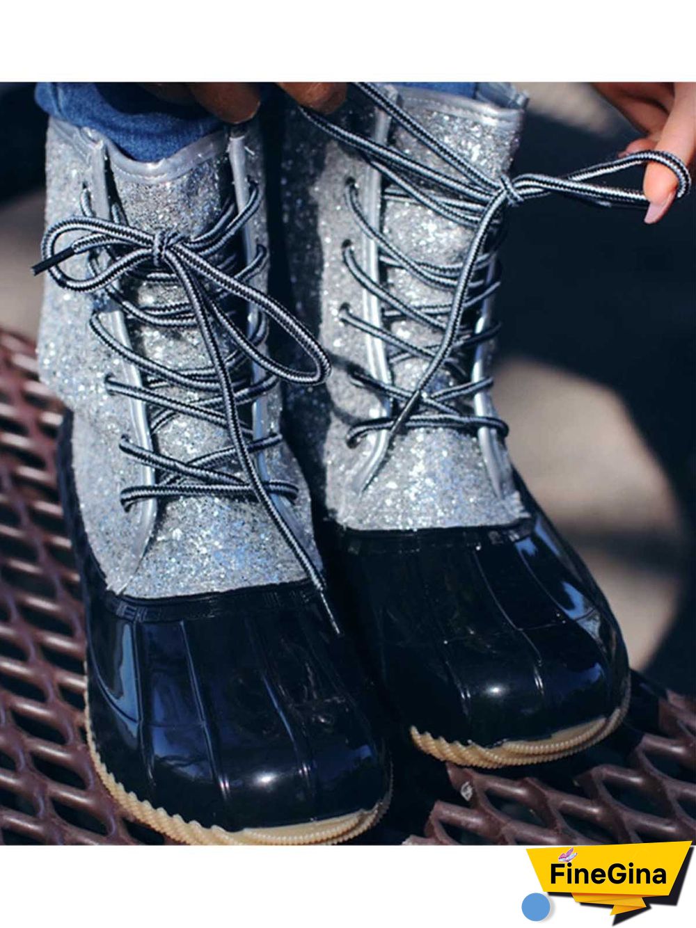Glitter Leopard Contrast Panel Duck Bill Rain Boots