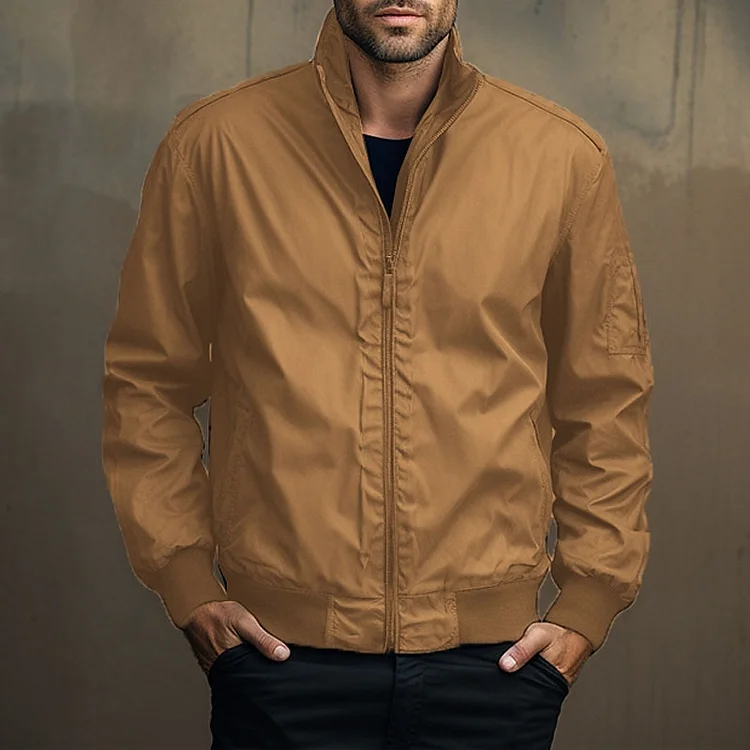 Men's Sport Coat Outdoor Daily Leisure Solid Stand Collar Zipper Long Sleeve Jacket