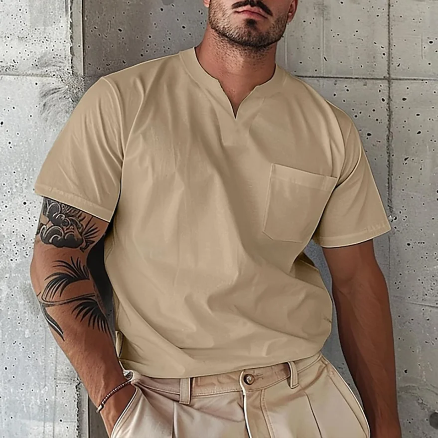 Men's Elastic Cotton Pocket Short Sleeve V-neck T-shirt-inspireuse