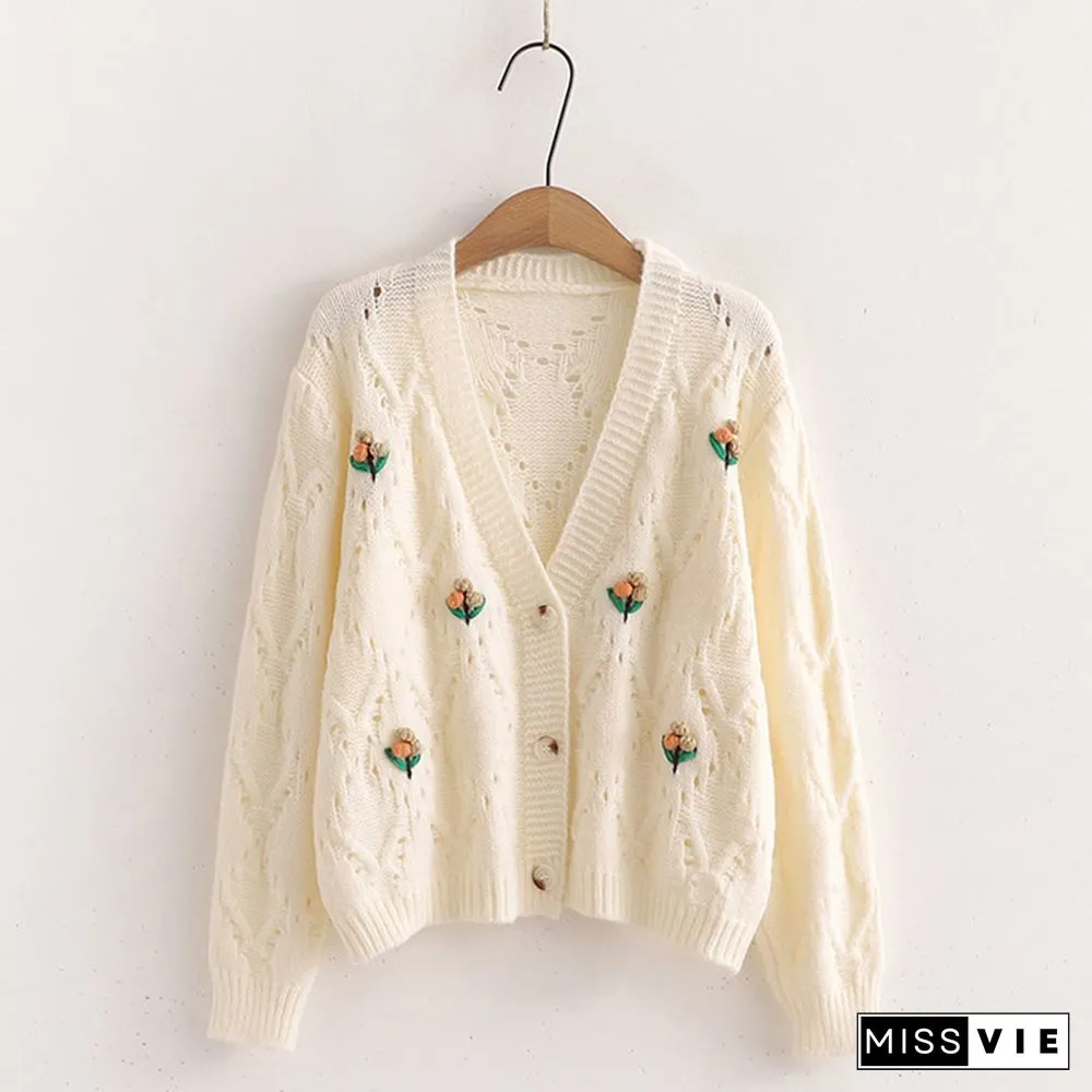 3D Blossom Decor Hollow Out V-neck Cardigan Sweater