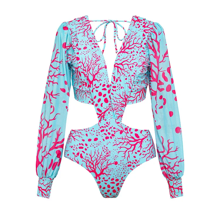 Flaxmaker Long Sleeve Cutout Sexy One Piece Swimsuit