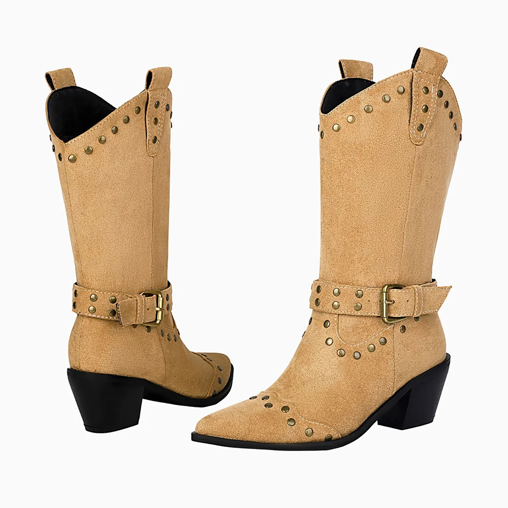 Tan Mid Block Heel Studded Pointed Toe Western Boots for Women