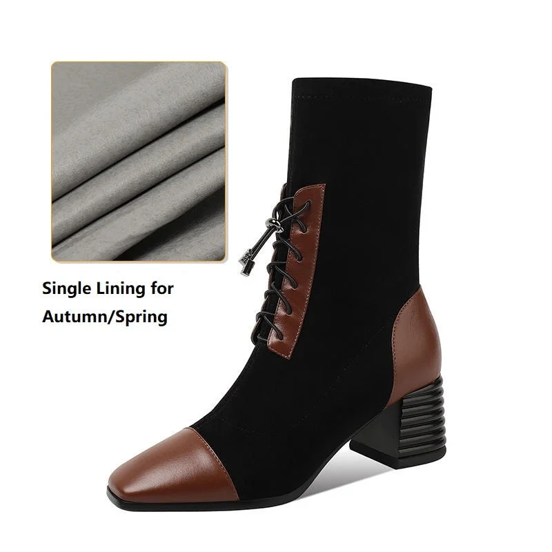 Mid Heel Slim Sock Boots,Women Autumn/Winter Shoes,Square Toe,Lace-up,Thick Heel,Stretch Fabric Boot,Female Footware,Brown,BLACK