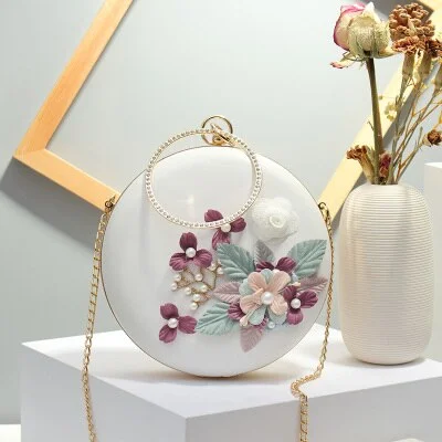 fashion round flower dec women evening clucth bag designer chains shoulder crossbody bags luxury pu metal handle ladies handbags