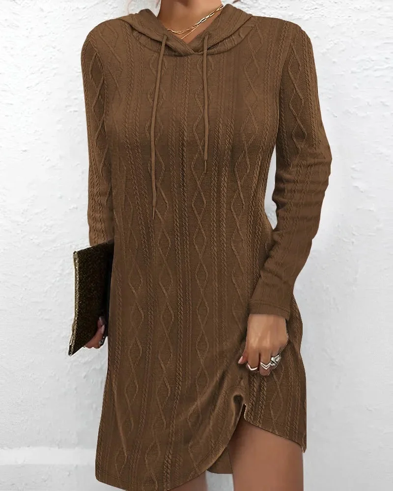 Oocharger Elegant Knitted Hoodies Dresses For Women Office Autumn Winter Casual Long Sleeve Solid Color Lace Up Vintage Dress Female