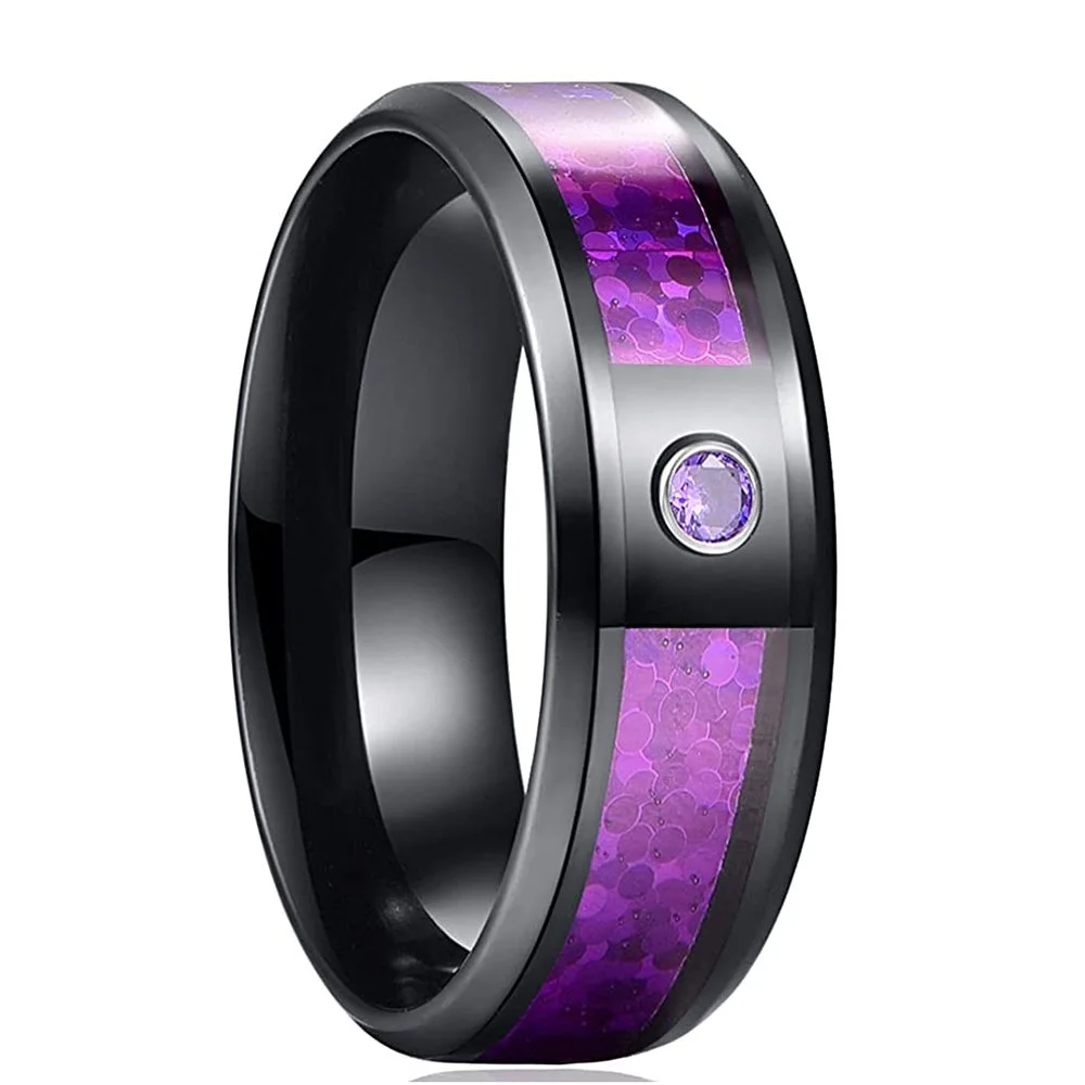 6MM 8MM Blue Purple Red Created Opal and Cubic Zirconia Inlay Black Tungsten Carbide Men's Wedding Bands