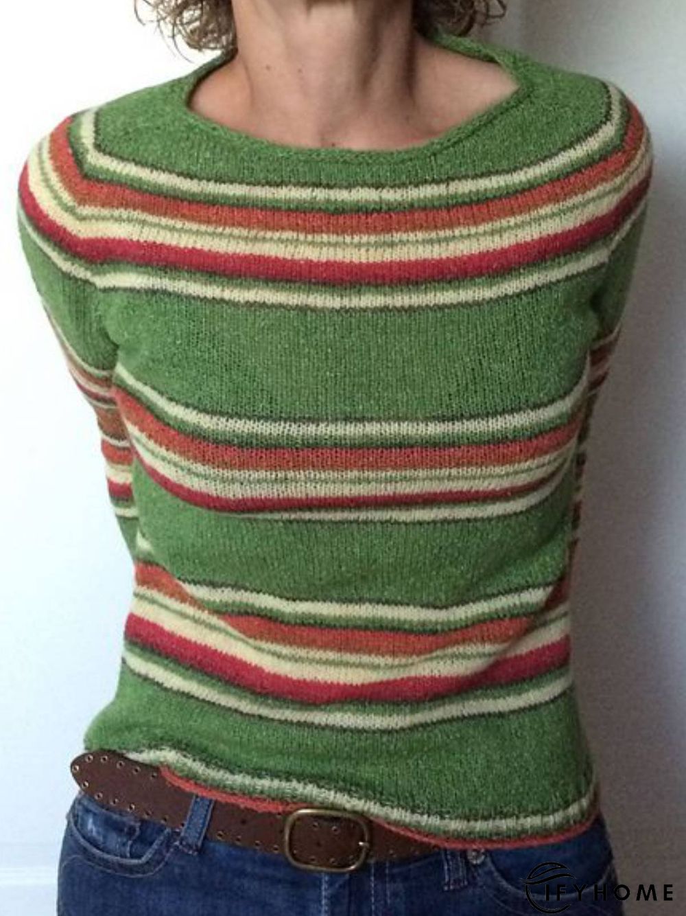 Green Knitted Long Sleeve Crew Neck Top | IFYHOME