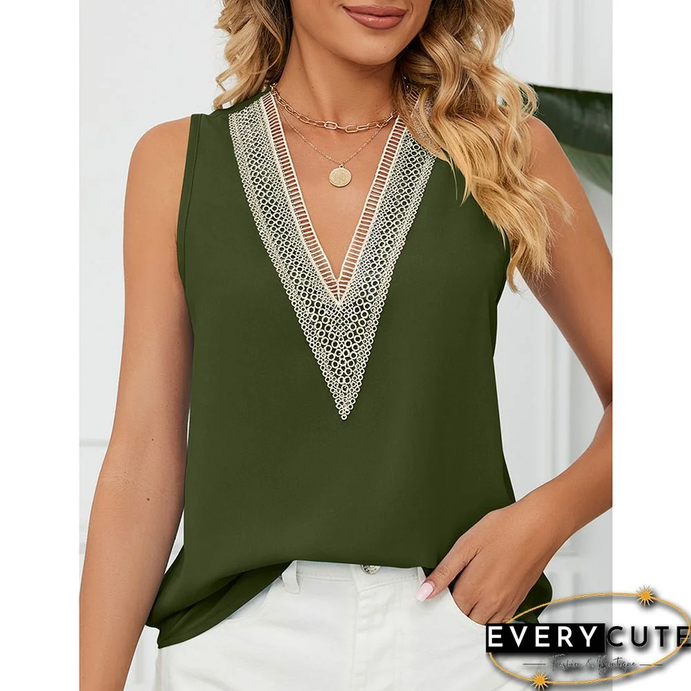 Army Green Lace Trim Sleeveless V Neck Tank Top