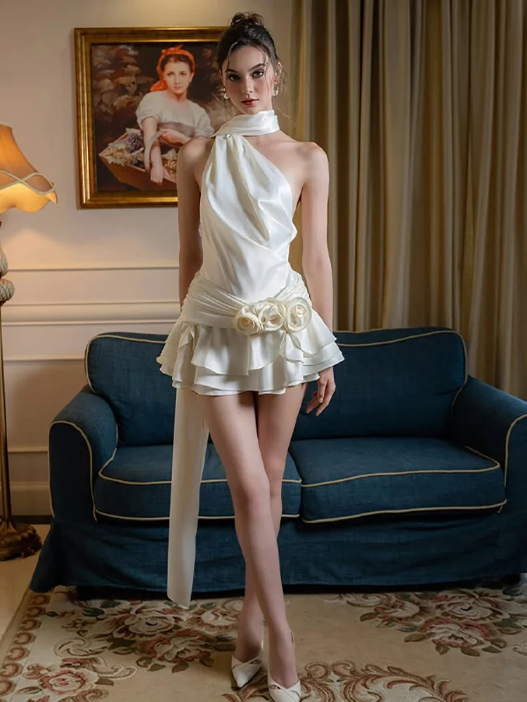 Satin Sexy Backless 3D Flowers White Halter A-line Mini Dress 