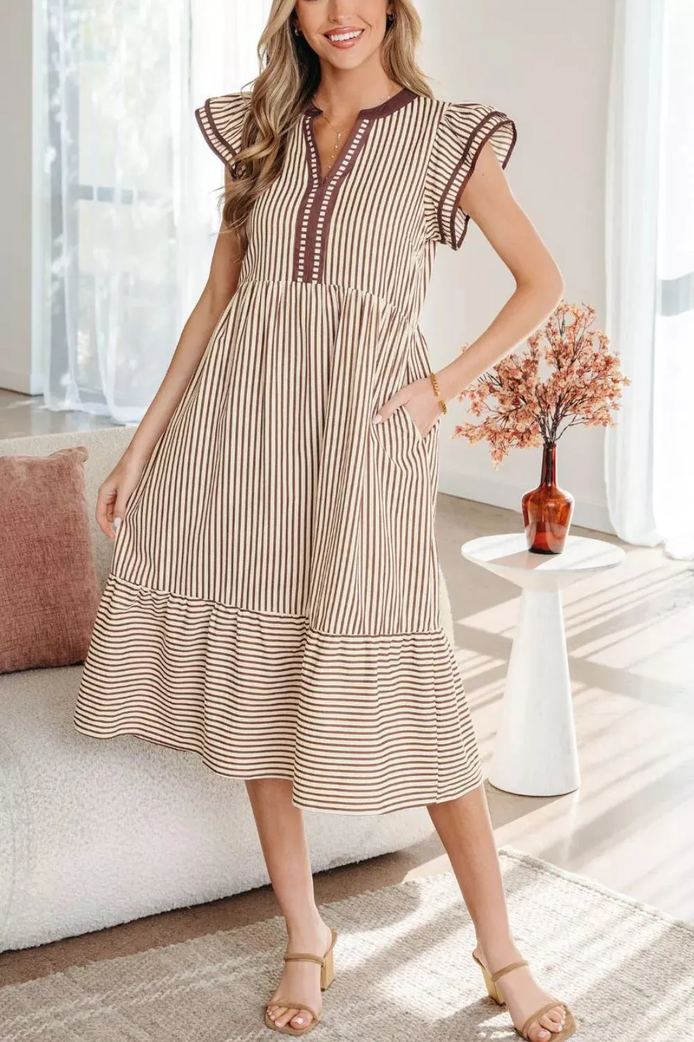 Stripe Plus Size Slit V Neck Tiered Flutter Sleeve Dress mysite idetrend