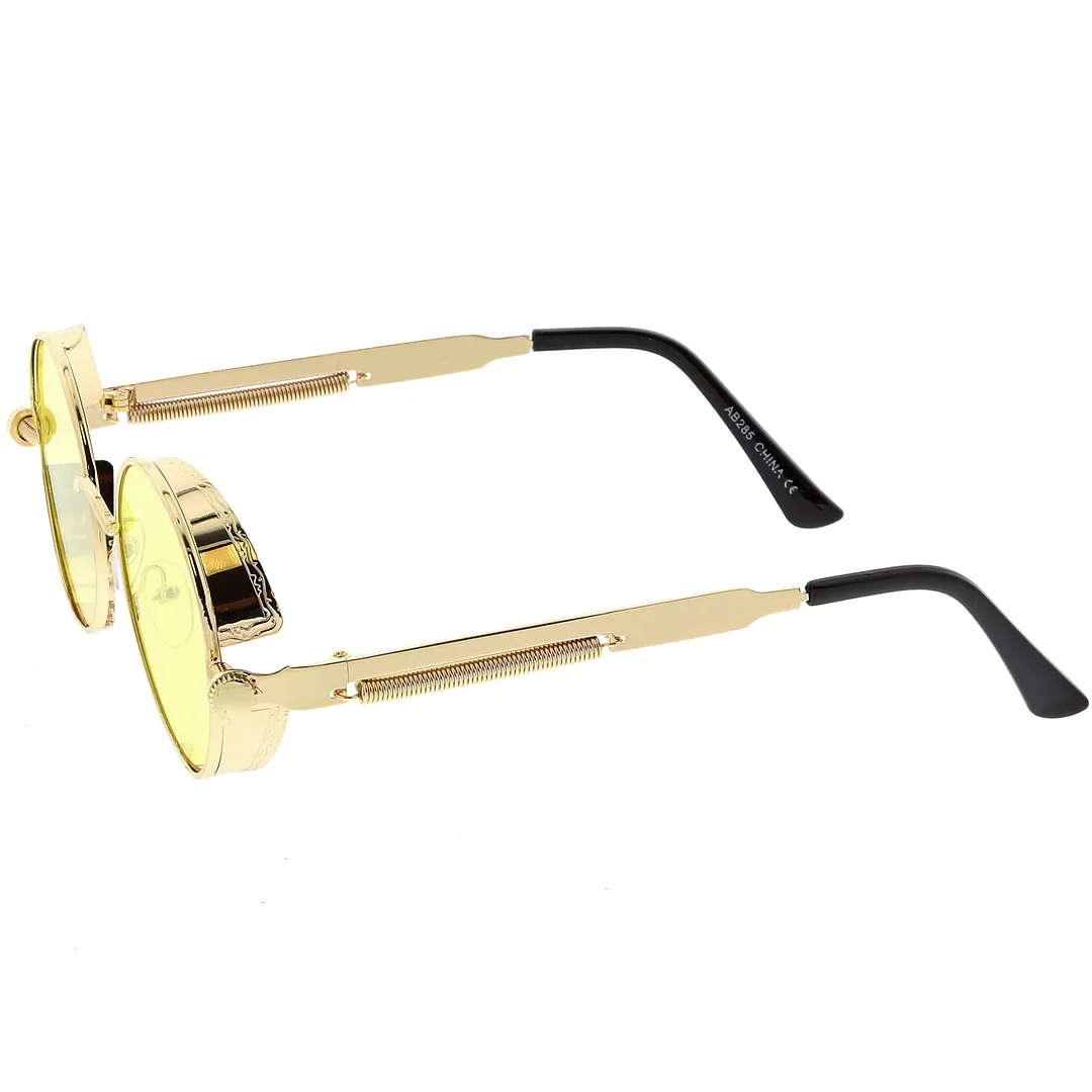 Steampunk Metal Round glasses With Metal Side Cover Flat Lens 42mm