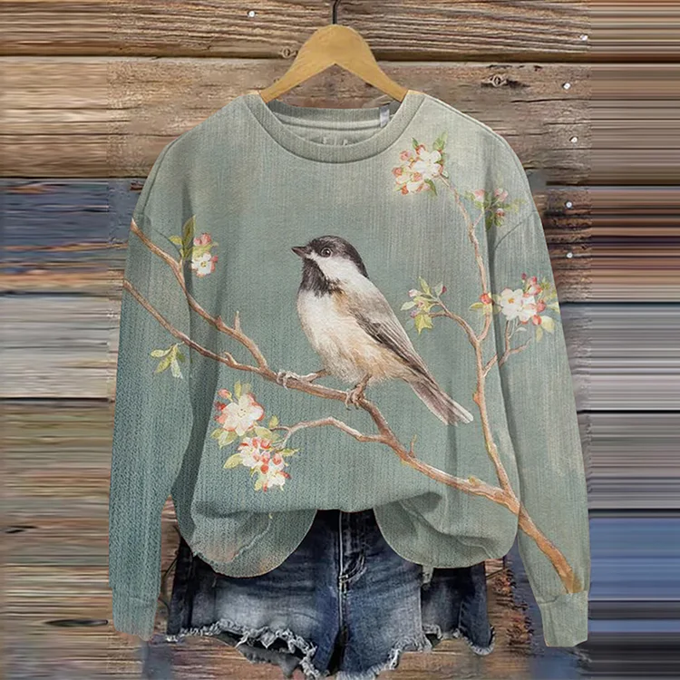 Wearshes Vintage Bird And Floral Art Printed Casual Sweatshirt