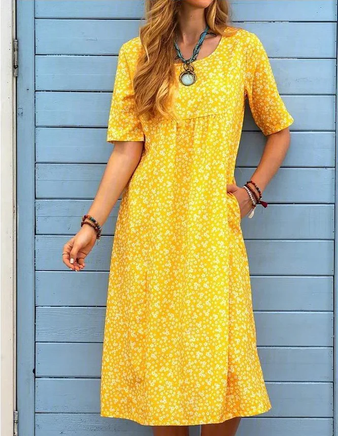 Summer Printed Floral Crew Neck Casual Mid-Length Dress VangoghDress
