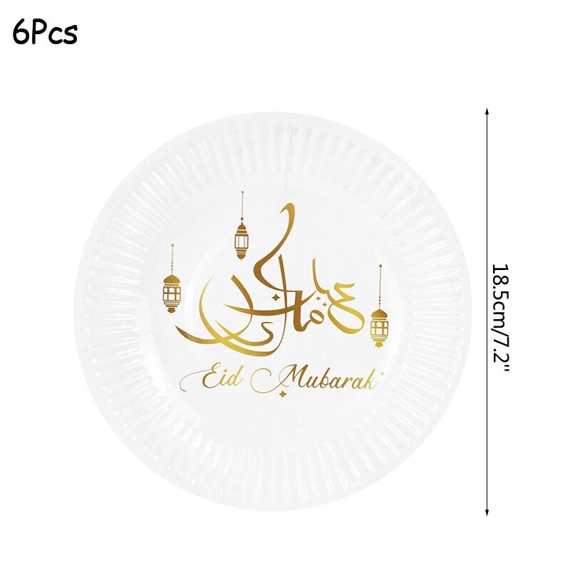 1set Eid Mubarak Disposable Tableware Paper Plates Cups for Ramadan Kareem Decoration Islamic Muslim Festival Party Supplies