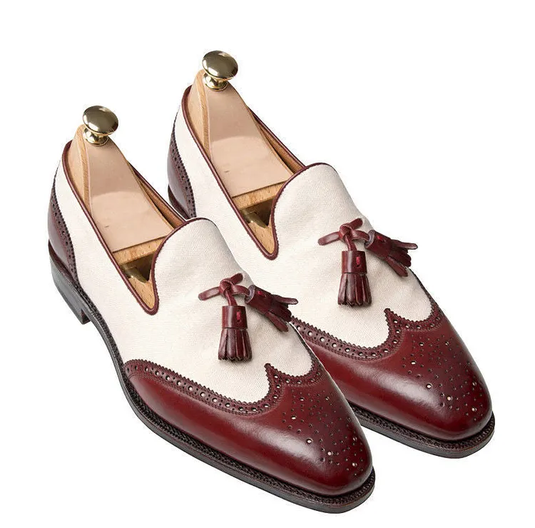 Men Fashion Wingtip Two Tone Leather Shoes Beige And Burgundy Shoes