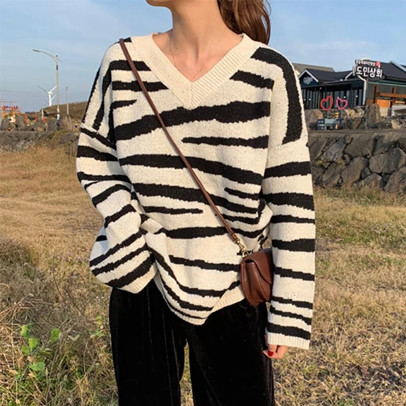 Syiwidii Vintage Striped Sweaters Women Autumn Winter 2021 Fashion New Long Sleeve V Neck Knitted Jumpers Korean Loose Pullovers